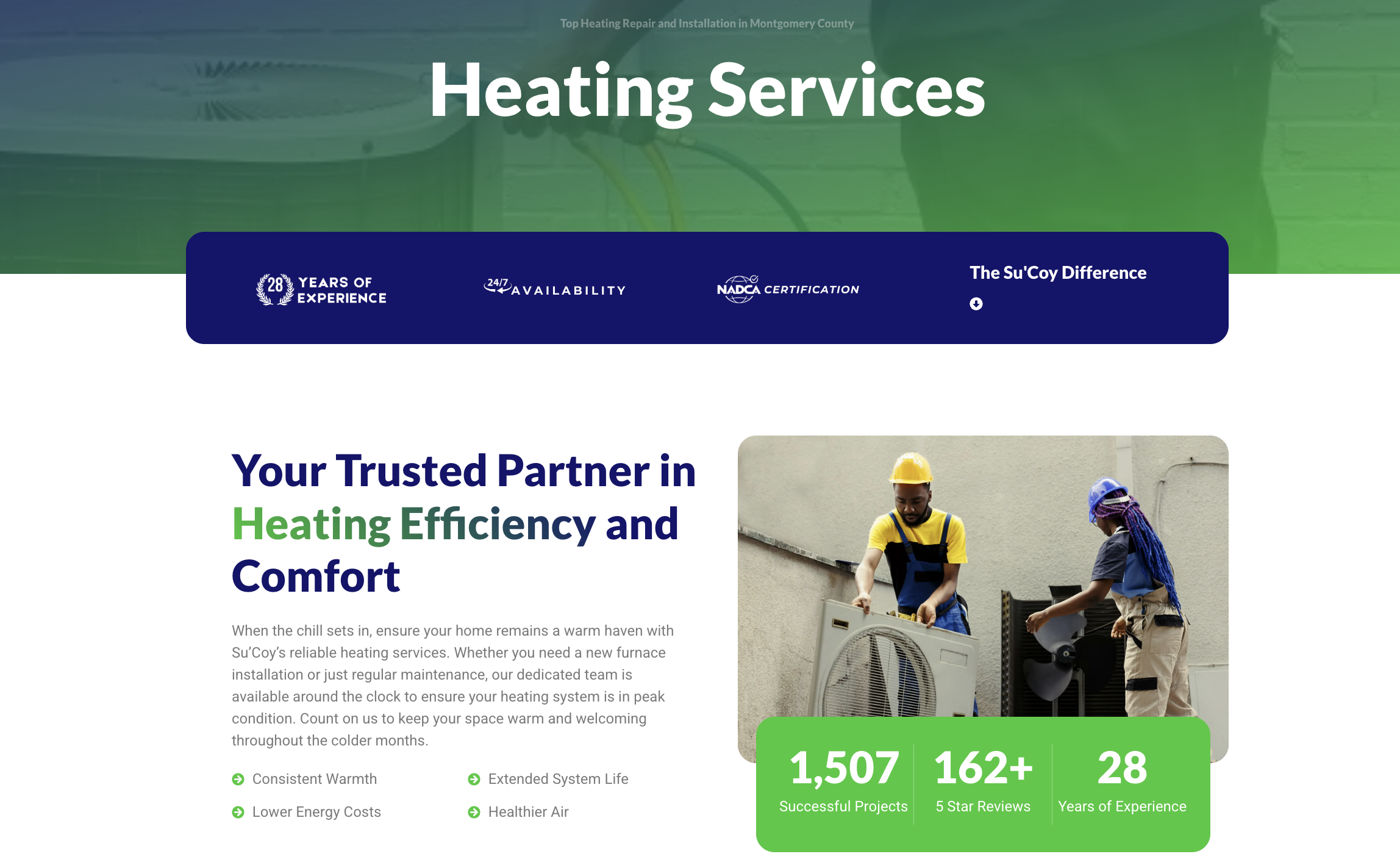 Su'Coy heating services page with counters for 1,507 completed projects and 162+ five-star reviews